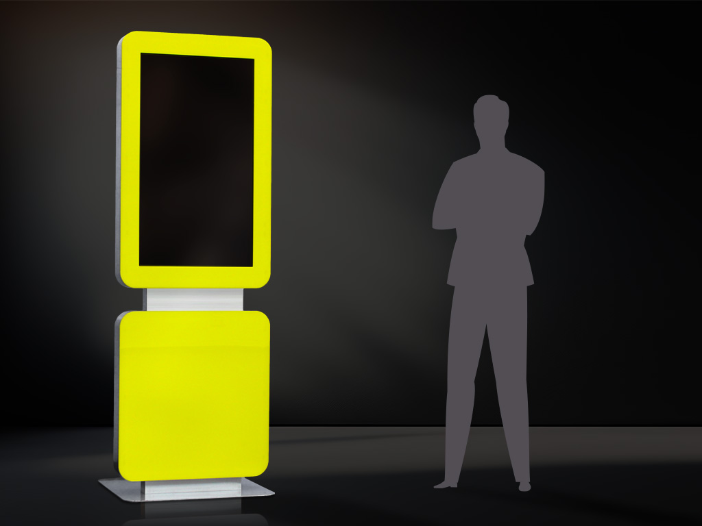 Digital signage campaigns Robust stele with touch display Colour variant yellow